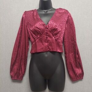 Satin Jacquard Animal Print Top M Plum Cropped Y2K Babydoll Blouse Smocked Waist